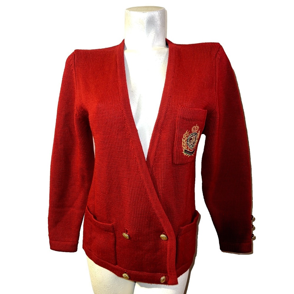 Jos A Bank Red Double Breasted Knit Cardigan Gold Crest Button Crest Patch S